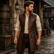 Men Brown Distressed Leather Vest Medieval Pirate Steampunk Vintage Waistcoat