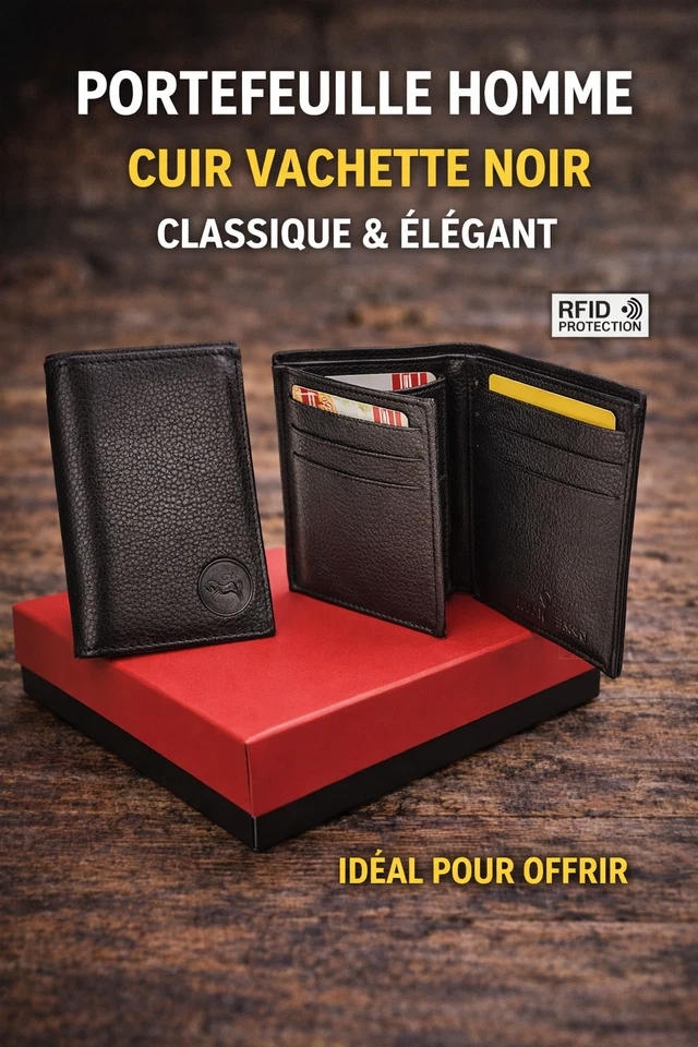 Porte Cartes RFID Cuir Vachette Format Plat 3 Rangées Compact Avec Boîte Cadeau - Photo 1/1