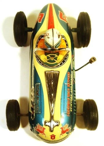 TIN FRICTION 1950'S OPEN WHEEL CHAMPION RACER RACE CAR W DRIVER BANDAI JAPAN
