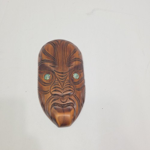 Hand Carved Solid Wood Maori Koruru Wall Mask New Zealand Paua Shell Eyes