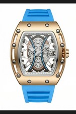 BRAND NEW BIBI Skeleton Dial Quartz Watch 50mm Blue Silicone Strap Mens NIB