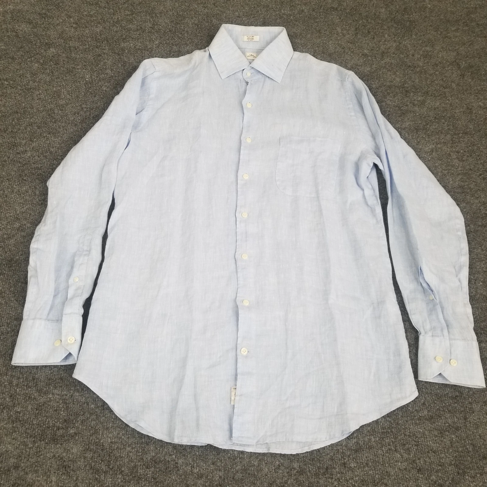 Peter Millar Button Up Long Sleeve Shirt Men Blue 100% Linen Size 15.5 Long