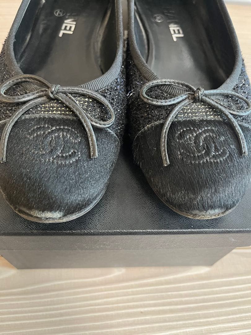 Chanel Ballet Flats Shoes Black Tweed Embroidered Logo Size 38 US Abt8 For Women thumbnail 8