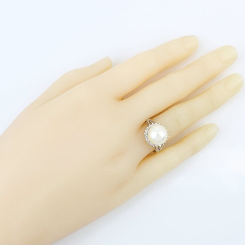 14KWG 10.5mm Cultured Pearl Diamond Halo Ring Anniversary Heirloom Gift - Picture 8 of 8
