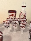 Etched Bamboo Pattern Glass Drinkware Set Red Clear White Decanter Ice Bucket — photo 2
