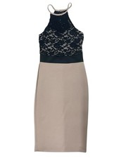 Manito Lace Halter Bodycon Midi Dress Beige Black Women’s Cocktail Party Dress