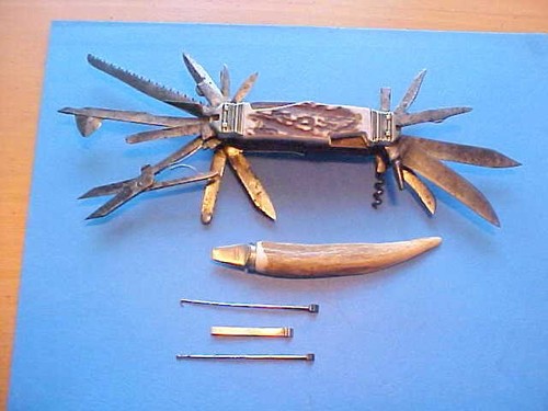 ANTIQUE 18th CENTURY MEDICAL? MULTI TOOL POCKET KNIFE STAG SCALES + BLADE OPENER