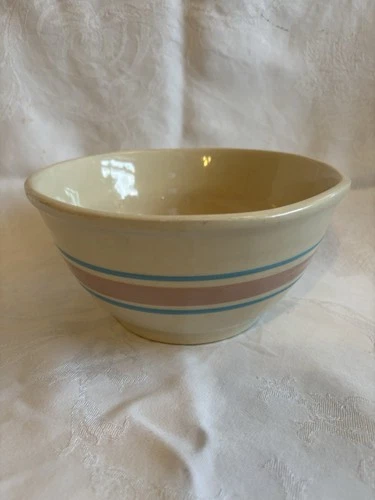Vintage #8 McCoy USA Mixing Bowl Pink and Blue Bands Oven Proof Stoneware GREAT!