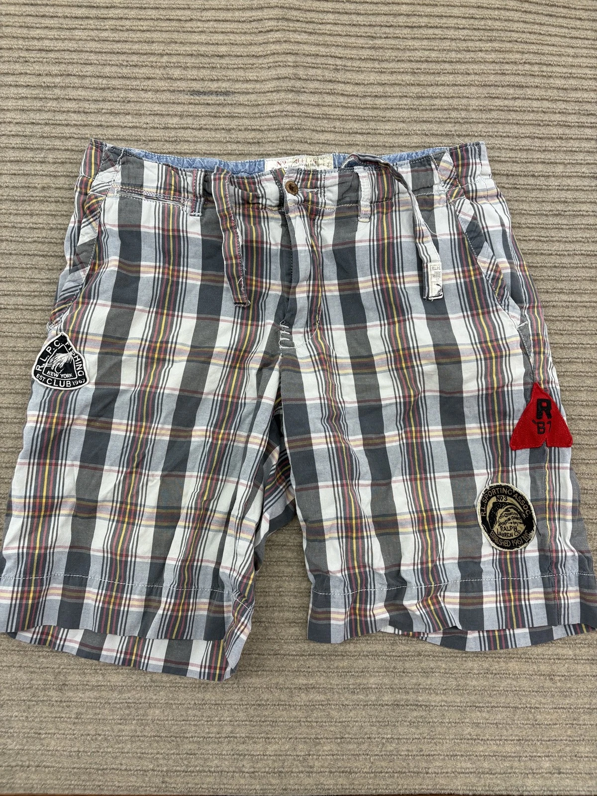 Polo Ralph Lauren Shorts Mens 32 Gray Plaid RLPC Fishing Sporting Patch Cotton