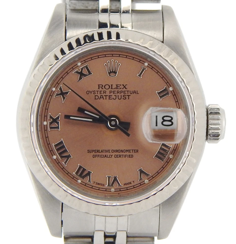 Rolex Datejust Dama Acero Inoxidable Oro Blanco 18K Reloj Salmón Esfera Romana 69174