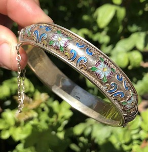 Antique Old Chinese Gilt Silver Multi Color Enamel Floral Hinged Bangle Bracelet