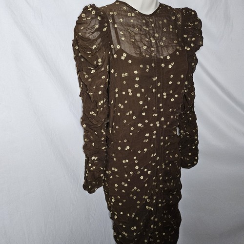 Abito midi donna nuovo di TiMo Georgette marrone oro petali fodera viscosa taglia S - Foto 5 di 24