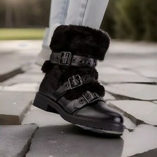 Womens Faux Fur Buckled Black Boots, UK Size 6 