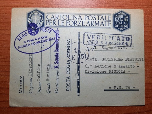 2594 FRANCHIGIA CARTOLINA COMANDO SCUOLA SOMMERGIBILI POLA 18.04.1941 - Foto 2 di 3