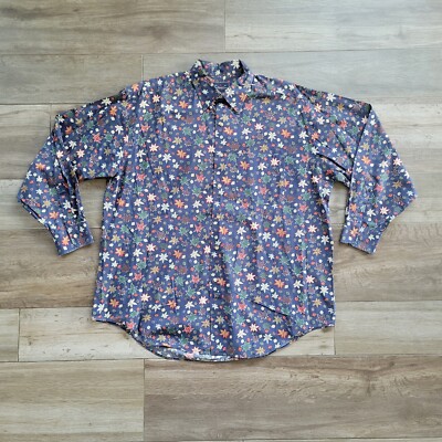 Vintage 90s Long Sleeve Arrow Shirt Navy Blue Leaf Pattern XL Oversized 