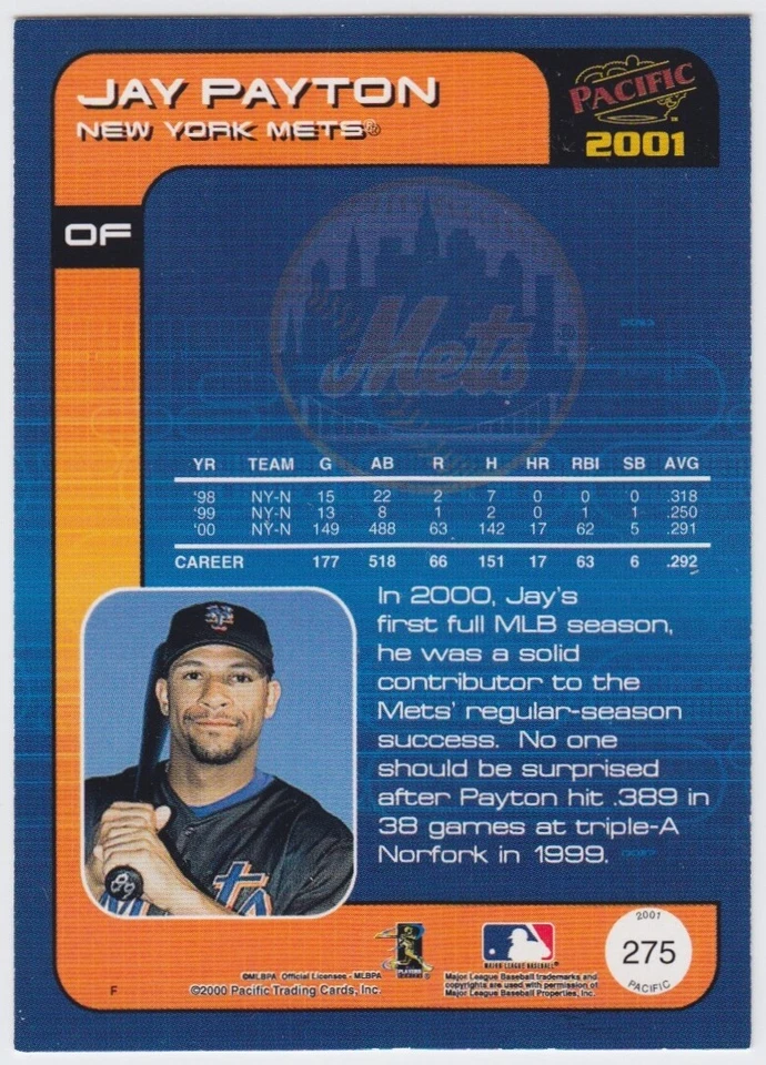 2001 Pacific Premiere Date - Jay Payton -  #275 - Mets - 21st of 36 - NrMt - Image 4 of 4