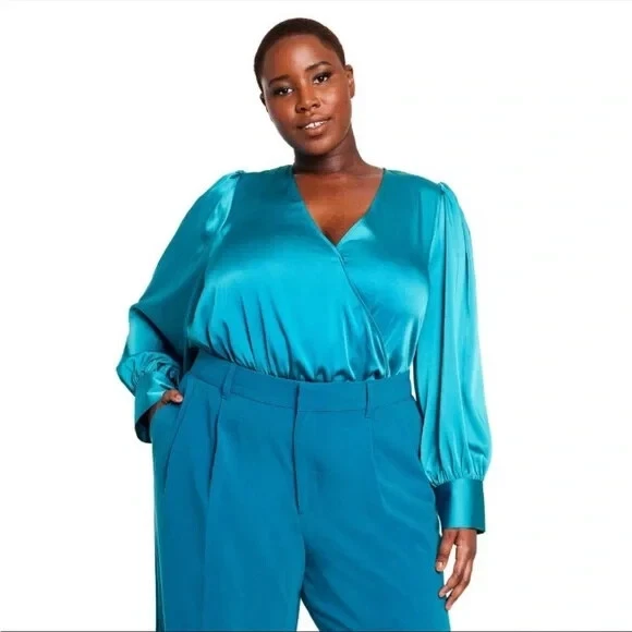 Women's Plus Size Crossover Satin Bodysuit - Sergio Hudson x Target Teal 3X