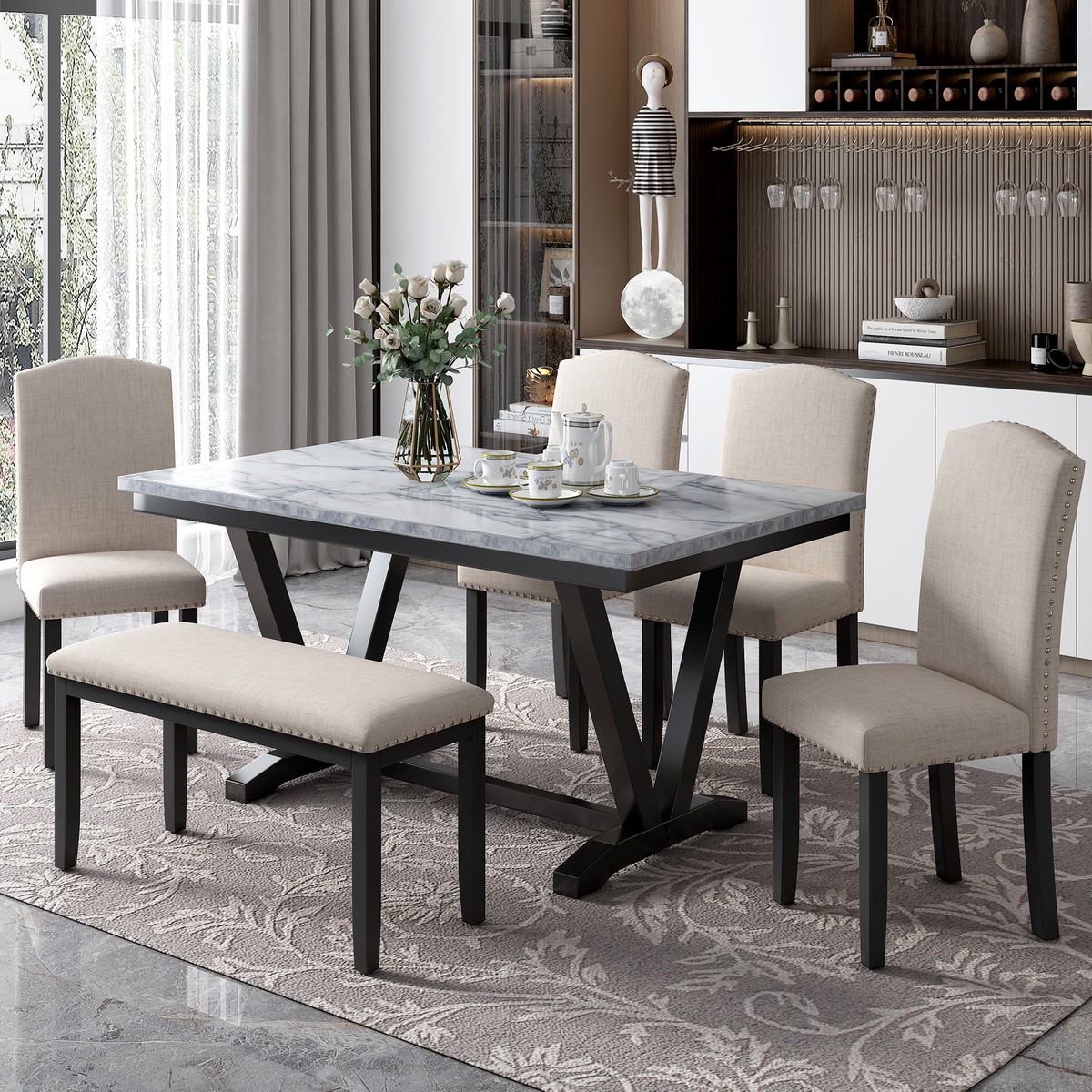 Modern Style 6-person Dining Table with Chairs a Bench Table