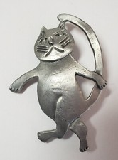 Dancing Cat Pin Pewter Signed Sycamore Pewtersmith 2.25 in Vintage Cat Attitude