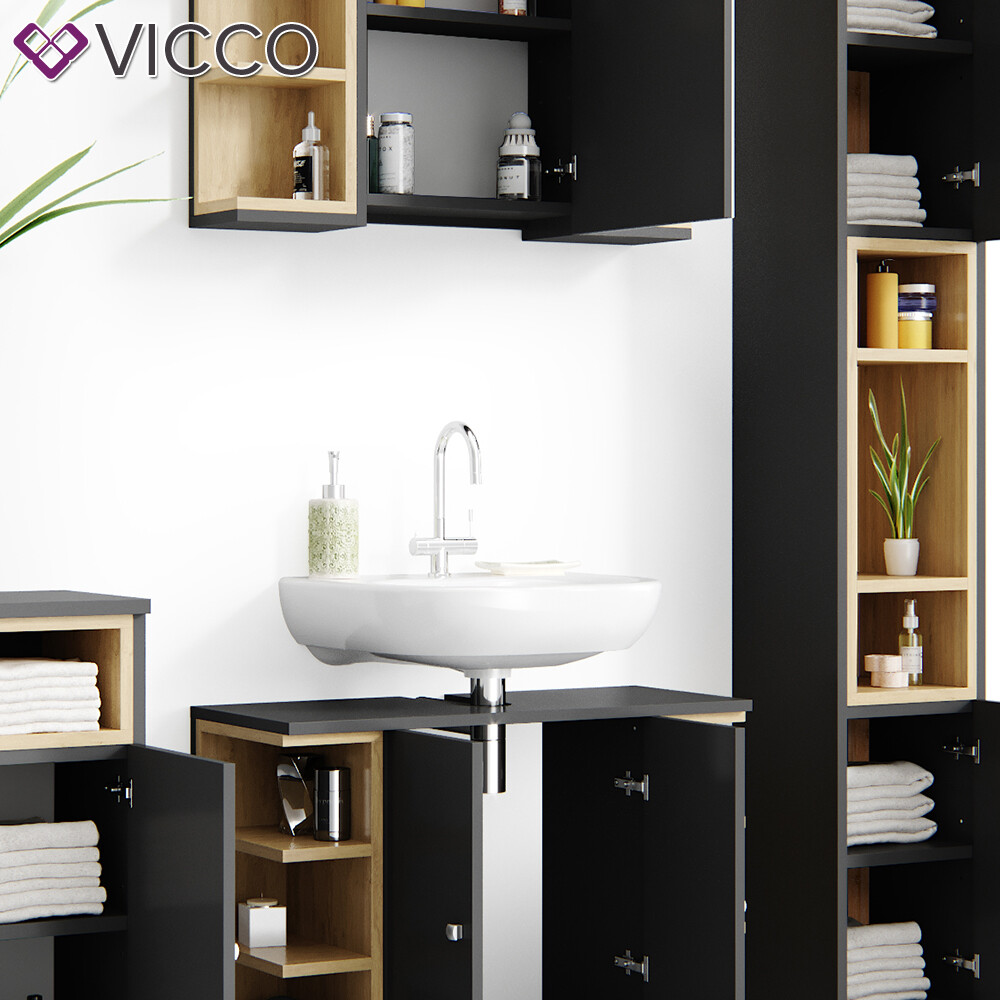 Set Mobili Bagno Fynn In Rovere E Antracite - Armadietto Specchio E Mobile Lavabo - Foto 8