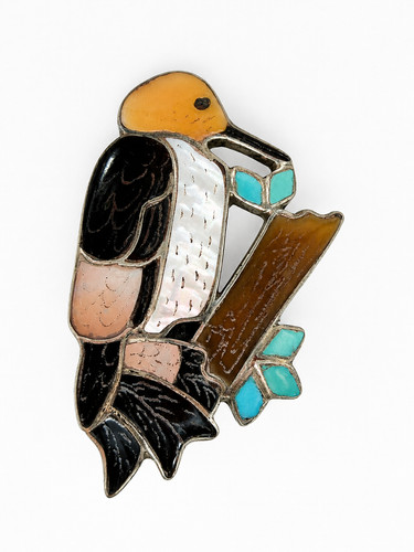 Zuni Brooch Pendant Signed Eva Etsate Bird Inlay Woodpecker