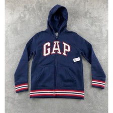 Gap Kids Navy Blue Full Zip Logo Hoodie Sweatshirt Striped Trim Size L 10 NEW