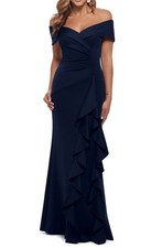 Xscape 4581XN Ruffle Off the Shoulder Scuba Knit Gown SZ 4 Navy