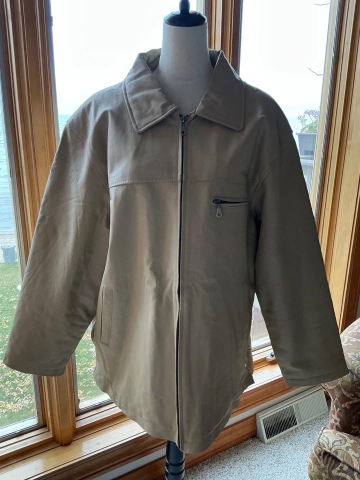 Vtg Duke Haband Cream Genuine Leather Coat Men's Quilted Lined Zip Jacket XL - Image 2 of 4