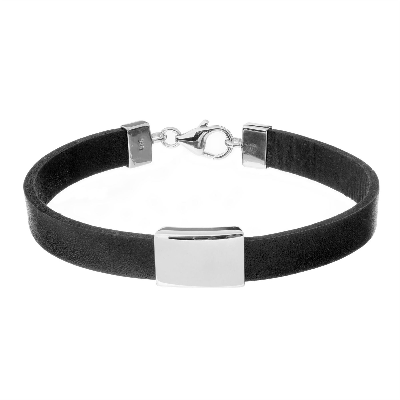 Silverly Men's Leather Bracelet 925 Sterling Silver Black Engravable Wristband
