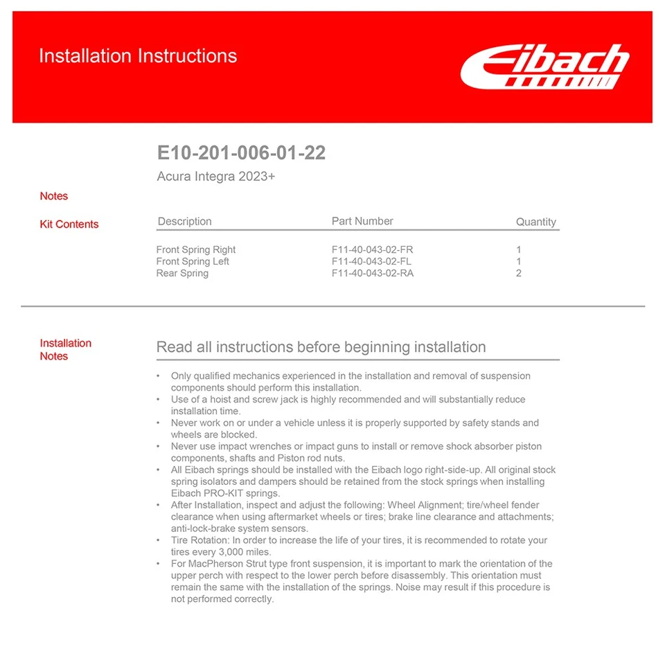 Eibach E10-201-006-01-22 Front Rear Lowering Springs Kit for 2023+ Acura Integra - Image 4 of 4