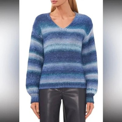Halogen Wool Blend Sweater Women Small Striped Blue V Neck Long Sleeve Pullover