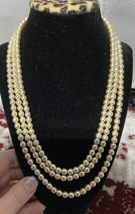 Vintage Faux Pearl Triple Layer  Necklace With Rhinestone Clasp. 18 Inches