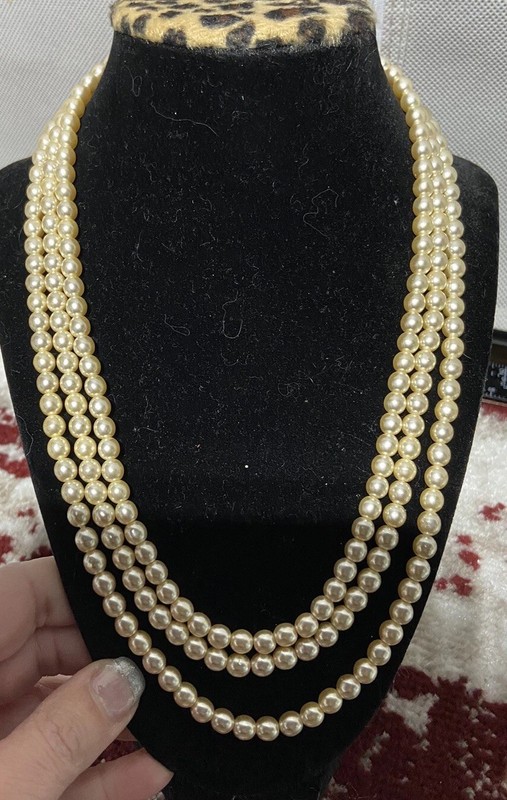 Vintage Faux Pearl Triple Layer  Necklace With Rhinestone Clasp. 18 Inches