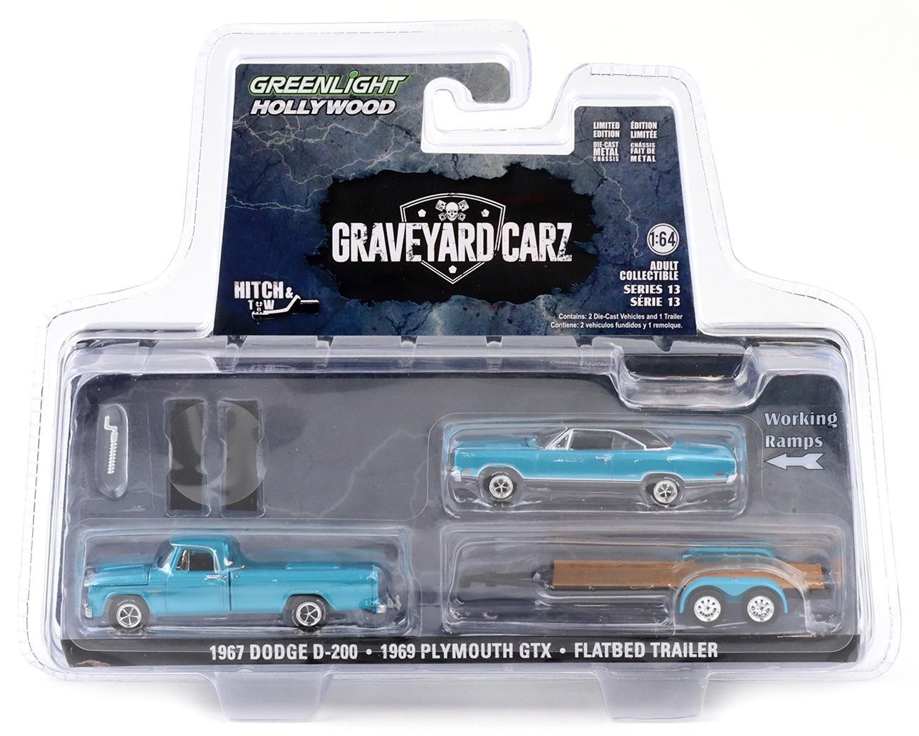 1:64 Greenlight Hollywood Hitch Tow Graveyard Carz Dodge D-200 + Plymouth GTX