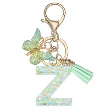 Alphabet Initial Letter Keychain Cute Charm with Tassel Butterfly Letter Z Green