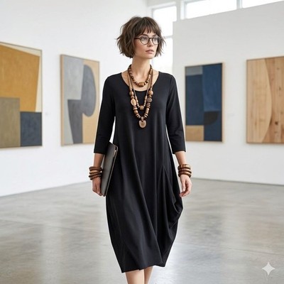 Katharina Hovman Black Nylon Dress 4 Lagenlook Avant Garde Minimalist Pockets
