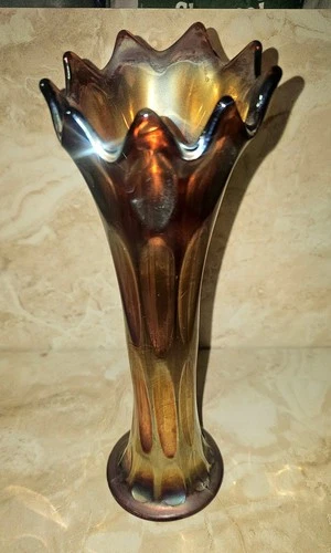 Fenton Carnival Glass Vase 10" Amethyst & Amber Thumb print