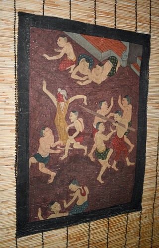 Antique Painting of Villagers Dancing on Cloth / Canvas from Thailand - Picture 2 of 24