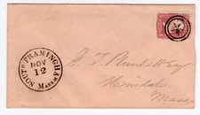 US 1860s Scott 65 South Framingham MA Fancy Cancel Picture Perfect Cover