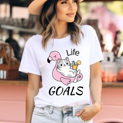 Tropical LIFE GOALS Funny Cat on Flamingo Float T-Shirt Relaxation Summer Vibes