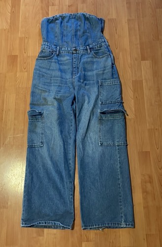 Wild Fable Women's Size MEDIUM Tube Top Cargo Denim Jumpsuit Concert Festival