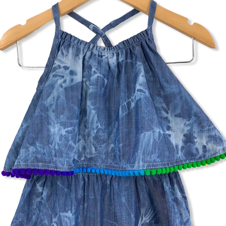 Appaman Lee Dress River Wash Rainbow Pom Pom Trim 2T - Image 2 of 4