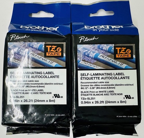 New Genuine Brother P-Touch TZe-SL251 2PK 24mm-8mm Black on White Tape