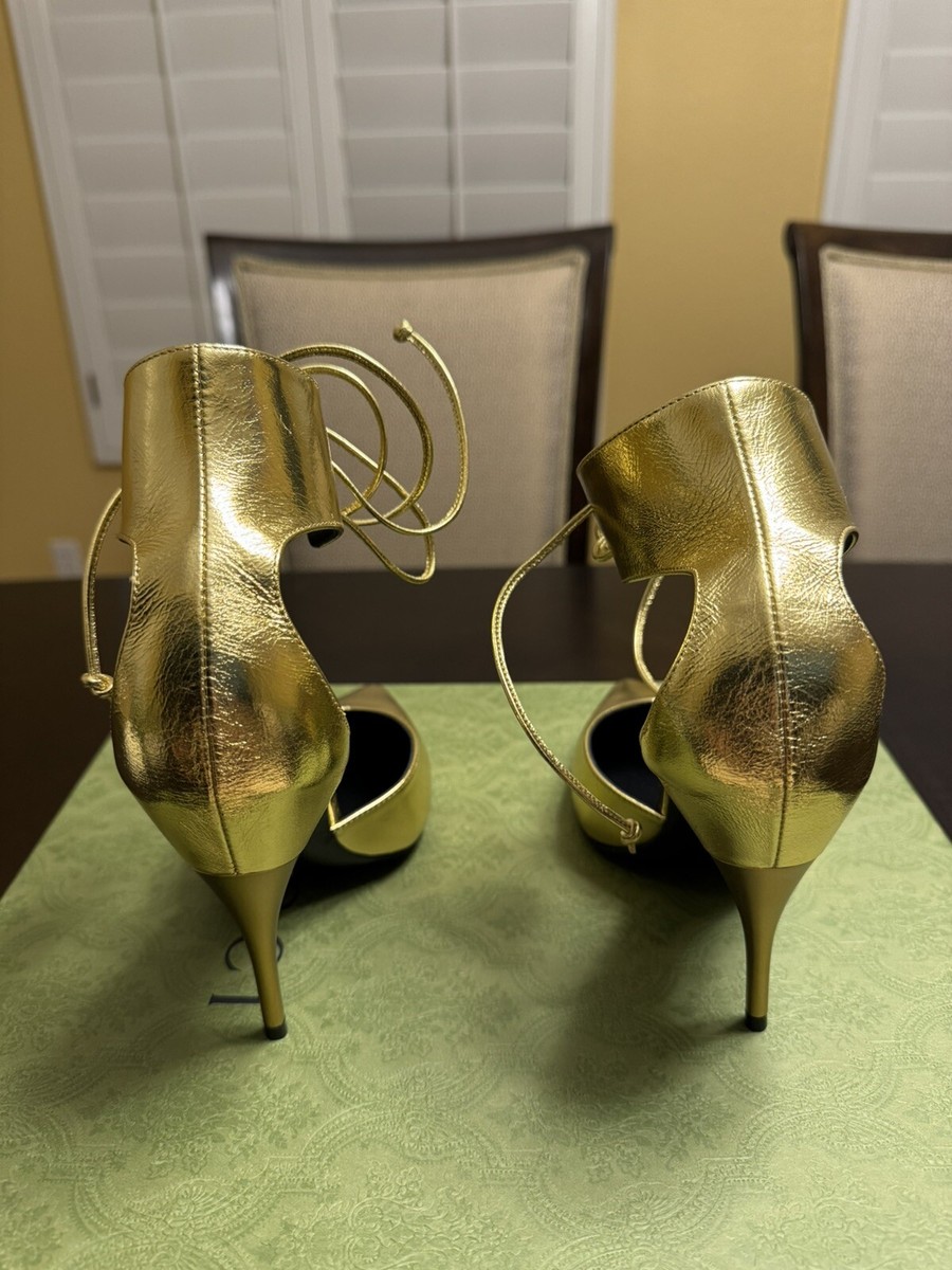 New Gucci High Heel Ankle Strap Leather Gold Pumps Shoes New Gucci High Heel Ankle Strap Leather Gold Pumps Shoes