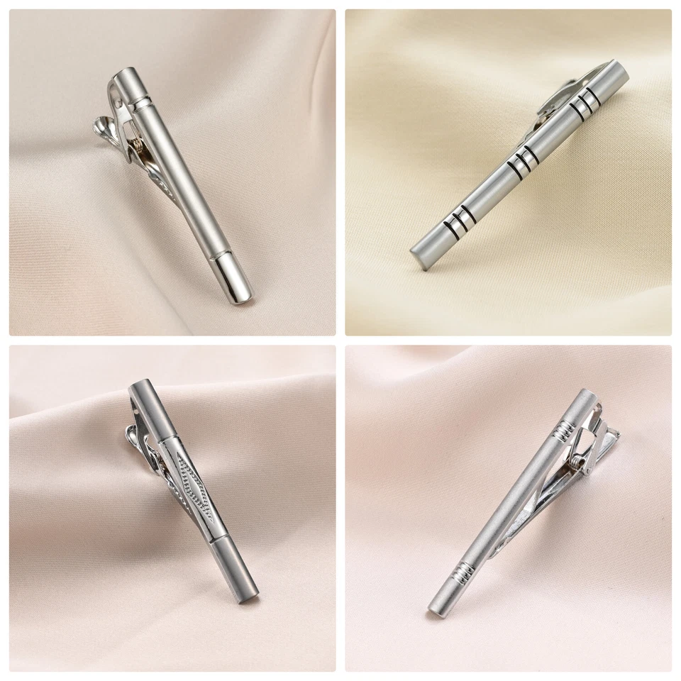 4pcs Silver Striped Tie Clip for Men Classic Mens Tie Bar Set for Regular Ties - Image 3 of 4