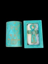 Ancient Egyptian Ankh Amulet in Carved Turquoise Box Scarab Ankh & Bull God