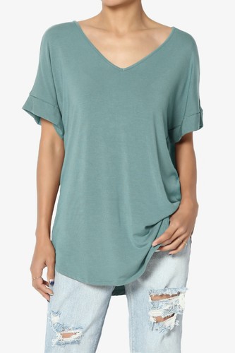 TheMogan S~3X Wide V-Neck Cuffed Short Sleeve Curved Hem Luxe Jersey Top - Picture 69 of 212