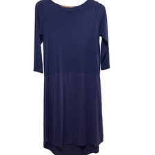 EILEEN FISHER Blue 100 Silk High-Low Hem 3/4 Length Sleeve Boat Neck Dress XXS