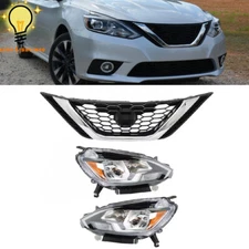 Front Upper Grille&Pair Halogen Headlight Headlamp For 2016-2018 Nissan Sentra