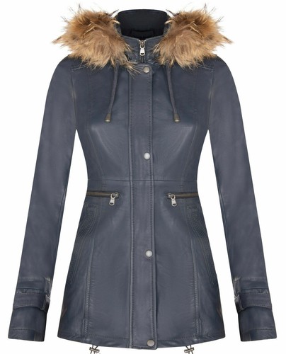 Women's Navy Blue Leather Jacket Detachable Hooded Parka Trench Coat - 第 1/4 張圖片